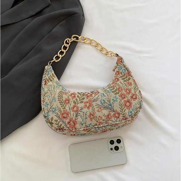 Elegant Floral Beaded Hobo Purse with Metal Chain Handle | Multicolor Delight - Picture 2 of 6
